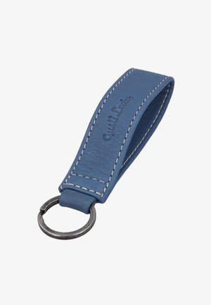 Blue leather keychain with white stitching and a metal ring, embossed with the text "Giusti Leder."