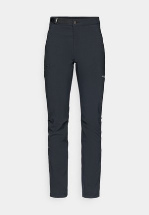 Men's outdoor pants, dark gray, made from flexible material, featuring a belt, zippered pockets, and reinforced stitching.