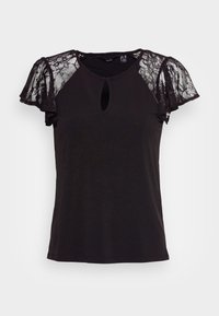 Black top with a keyhole neckline and lace short sleeves, styled for a feminine look. Plain body with decorative lace accents.