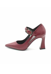 Scarpa con tacco alto in pelle borgogna, punta affilata, cinturino alla caviglia, fibbia dorata e design del tacco geometrico. Texture liscia con fodera interna.