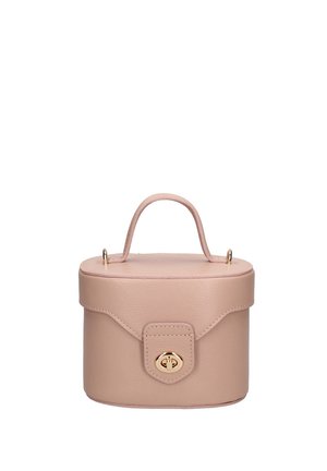 Piccola borsa a mano rettangolare in pelle rosa chiaro con manico superiore e chiusura a scatto dorata sulla patta frontale.