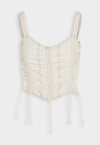 Ljusfärgad kort topp med rynkad textur, vertikala sömmar och justerbara band i nederkant. Breda axelband för stöd.