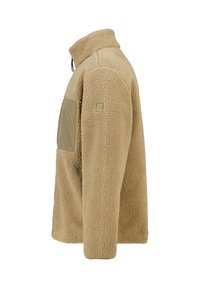 Giacca in pile beige con colletto alto, zip e tasca sul petto in un tessuto color sabbia. Caratterizzata da un tessuto testurizzato e una vestibilità rilassata.