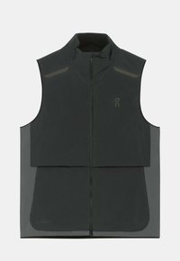 Veste noire sans manches zippée avec col montant, bandes réfléchissantes aux épaules et logo discret de la marque sur la poitrine, conçue pour une utilisation en extérieur.