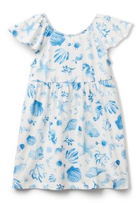 Baumwollkleid mit schwingenden Ärmeln, das blaue, meeresmotivierte Muster wie Seesterne und Muscheln auf weißem Hintergrund zeigt.