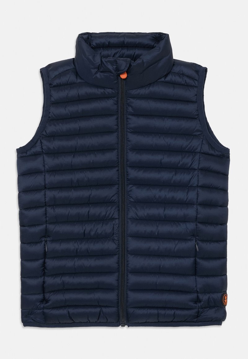 Granatowa pikowana kamizelka bez rękawów z wysokim kołnierzem, zamek błyskawiczny z przodu i bocznymi kieszeniami na zamek, wykonana z lekkiego, ocieplonego materiału.