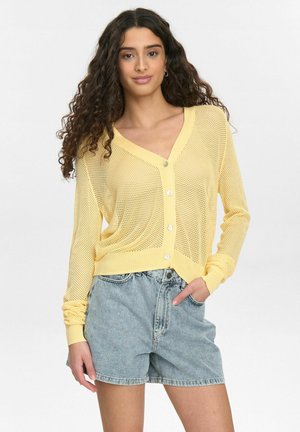 Yellow mesh cardigan featuring a V-neckline, long sleeves, and front button closure. Paired with high-waisted denim shorts.