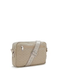 Beige crossbody bag made of textured material, featuring a zipper closure, front pocket, and adjustable strap with logo accents.