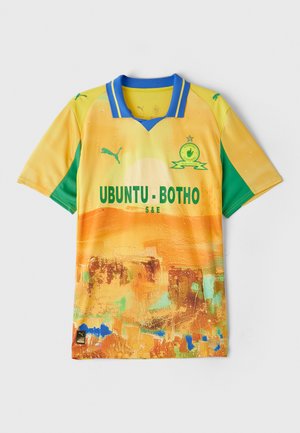 Yellow and green short-sleeve soccer jersey with a collared neck, featuring abstract designs and "UBUNTU · BOTHO" in bold text.