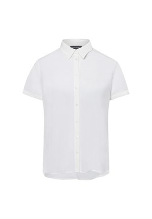 Chemise blanche à manches courtes en tissu léger, avec un col classique, une fermeture à boutons sur le devant et une coupe droite à l'ourlet.