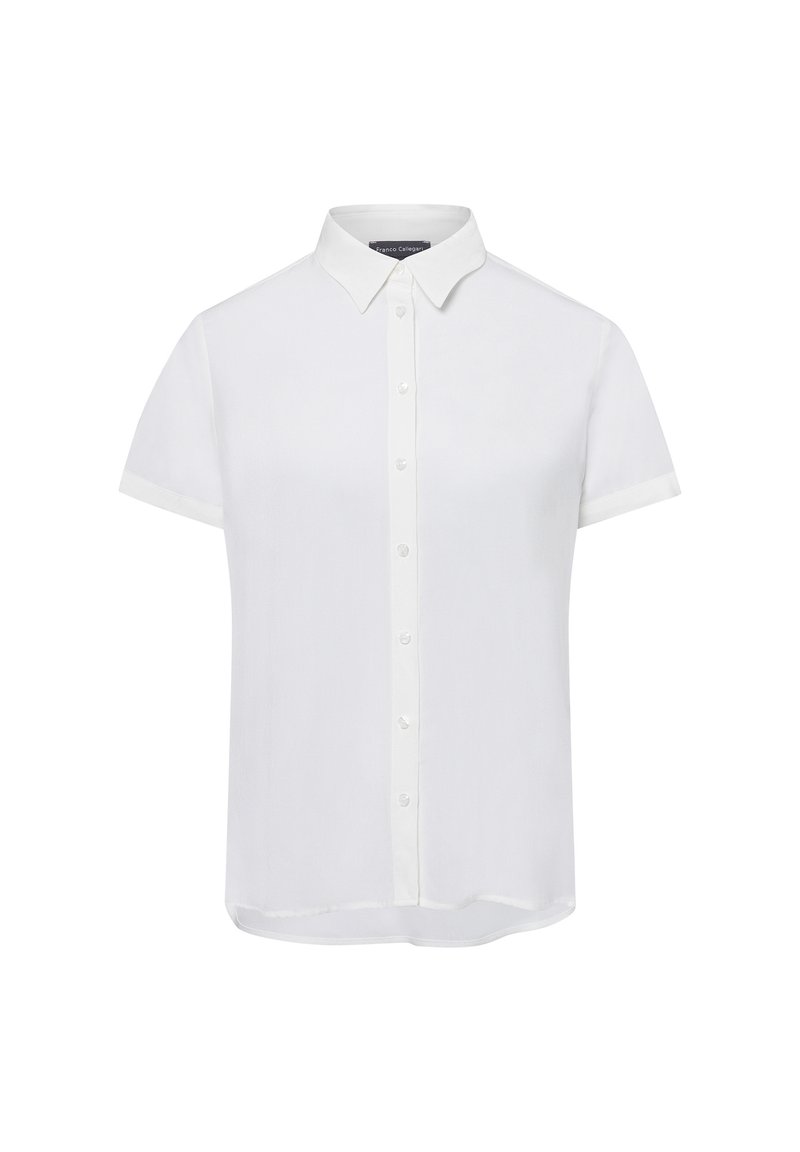 White short-sleeve shirt made of lightweight fabric, featuring a classic collar, front button closure, and a straight cut at the hem.