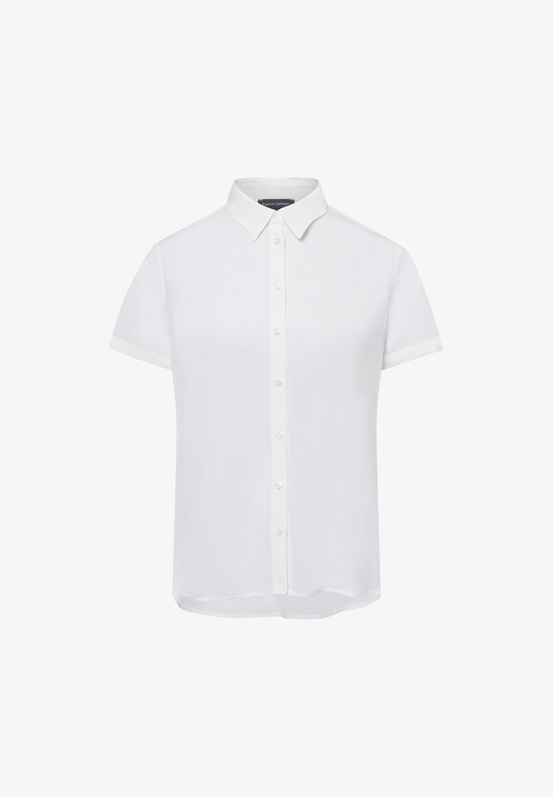 White short-sleeve shirt made of lightweight fabric, featuring a classic collar, front button closure, and a straight cut at the hem.
