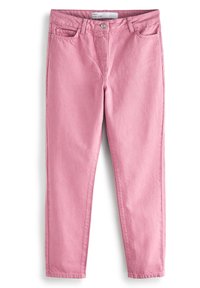 Jean mom taille haute d'une teinte rose clair, fabriqué en denim avec une finition légèrement texturée. Dispose de cinq poches et d'un bouton métallique de fermeture.