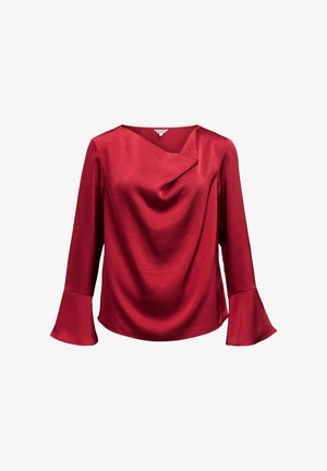Blusa rossa realizzata in tessuto liscio con scollo a cowl, maniche lunghe a campana e una vestibilità comoda. Presenta una finitura leggermente lucida.