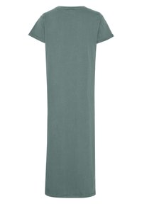 Cotton blend dress in muted green, features a crew neckline and short sleeves, with a straight-cut, ankle-length design. Smooth texture.
