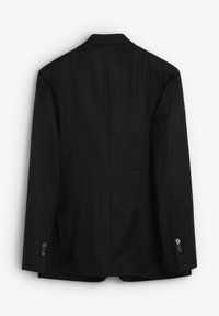 Chaqueta de traje negra con un sutil patrón de cuadros, hombros estructurados y puños abotonados. Textura suave con un corte entallado.