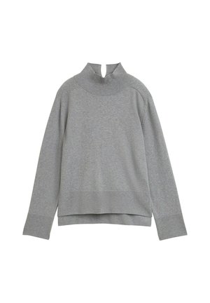 Grauer Pullover mit hohem Rippkragen, Rundhalsausschnitt und Schlüsselmaldetail, langen Ärmeln und leicht verkürztem Saum.