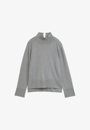 Maglione grigio con alto colletto a coste, scollatura a girocollo e dettaglio a chiave, dotato di maniche lunghe e orlo leggermente cropped.