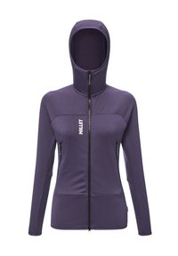 Hoodie violet à fermeture éclair complète avec col haut et design ajusté, présentant des poches latérales zippées et un logo vertical blanc sur la poitrine.
