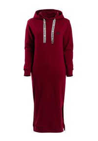 Bordeauxrode jurk met capuchon gemaakt van zachte stof. Heeft lange mouwen, decoratieve trekkoorden en zijsplitten voor gemakkelijke beweging.