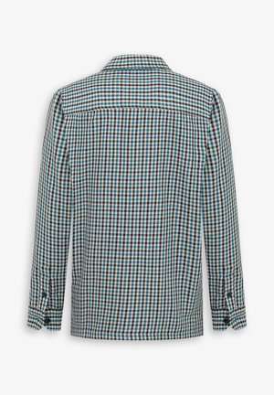 Camisa de manga larga con un estampado de pata de gallo en azul y negro, con una yugo trasero, puños abotonados y un collar. Tela de algodón o mezclada.