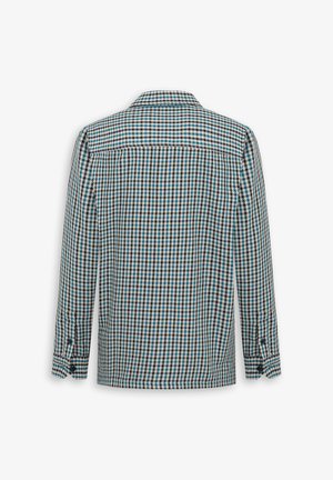 Langarmhemd mit einem blau-schwarzen Karomuster, Rückenpasse, Knopfmanschetten und einem Kragen. Aus Baumwolle oder Mischgewebe.