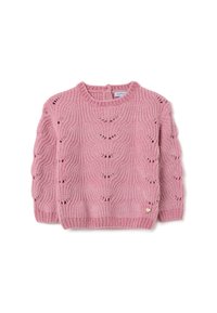 Rosa gestrickter Pullover mit einem gewelltem Strukturmuster, langen Ärmeln und einem runden Ausschnitt. Besitzt ein kleines goldenes Herz-Akzent am Saum.