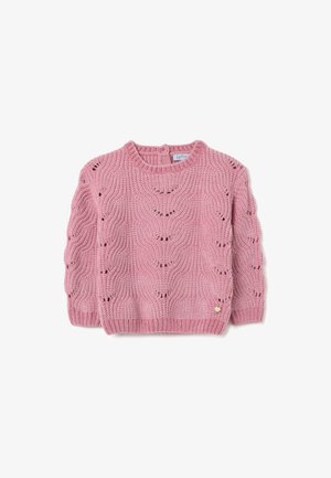 Roze gebreide trui met een golfpatroon, lange mouwen en een ronde hals. Bevat een klein gouden hartaccent op de zoom.