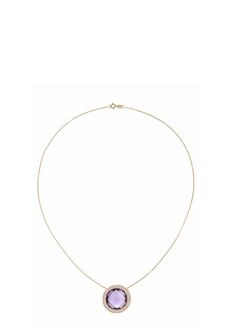 Kuldne kettkaelakee, millel on ümar lilla vääriskivi ripats, ümbritsetud sädeleva ringikujulise aktsendiga. Sile tekstuur, elegantne disain.