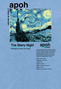 Olejná malba s názvem "Hvězdná noc" zobrazuje vířící modré a žluté tóny, výrazný cypřiš a vesnici pod hvězdnou oblohou.