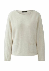 Hellbeige Pullover aus weicher Stoffqualität, mit rundem Ausschnitt, langen Ärmeln und zwei vorderen Taschen. Glatte Textur mit einem dezenten Muster.