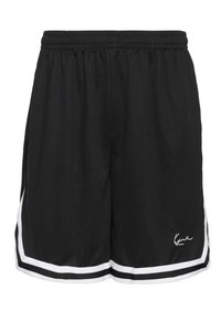 Shorts de sport noirs en tissu léger avec une taille élastique. Présente des bandes blanches sur les côtés et un logo signature sur le devant à gauche.