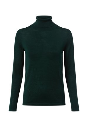 Dunkelgrüner Rollkragenpullover aus weichem, leichtem Material; hat lange Ärmel und eine figurbetonte Silhouette mit einem gerippten Kragen.