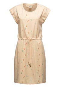 Kurzarmpf, beiges Kleid mit Kordelzug in der Taille; bietet ein zartes Muster aus mehrfarbigen Eistüten. Aus weichem Baumwollmaterial.