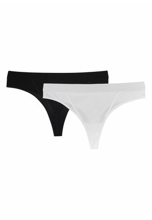 Czarno-białe stringi wykonane z gładkiego materiału, charakteryzujące się prostym wzornictwem z miękkimi elastycznymi pasami i minimalnymi detalami przeszyć.