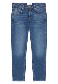 Jeans de mezclilla azul con un diseño de pierna recta, cierre de dos botones y costuras en contraste, con bolsillos frontales y secciones desgastadas.