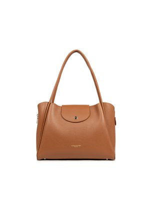 Borsa a mano in pelle marrone con texture liscia, forma arrotondata, due manici e chiusura con patta frontale. Presenta dettagli del logo in hardware dorato.