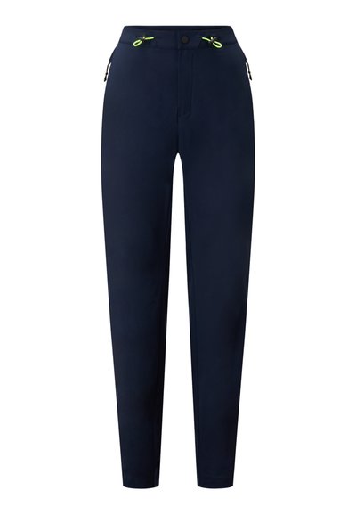 Námořnické softshellové kalhoty s slim fit, nastavitelným pasem na šňůrku a bočními kapsami na zip. Hladká textura, minimalistický design.
