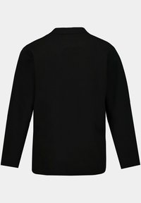 Schwarzes Langarmshirt mit Kragen, aus einem strukturierten Stoff, mit schlichtem Design und ohne sichtbare Hardware oder Akzente.