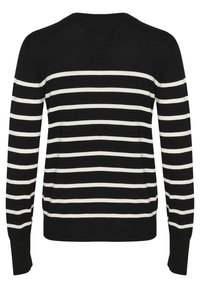 Juodai baltas juostuotas megztinis su ilgomis rankovėmis, apvaliu kaklu ir raukšlėtomis rankovėmis. Minkštas mezgimo audinys su tolygiais horizontaliais dryžiais.