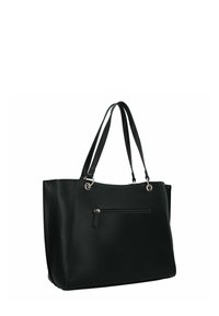 Zwart lederen tote bag met twee schouderbanden en een externe ritszak op het voorpaneel, tentoongesteld op een witte achtergrond.