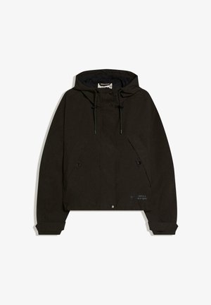 Schwarze Kapuzenjacke mit vorderen Knöpfen, Kordelzügen, Seitentaschen mit Druckknopfverschlüssen und elastischem Saum mit kleinem Aufdruck auf der unteren Vorderseite.