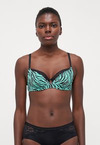 Turquoise en zwarte gestreepte beha met een geschulpte kanten rand en verstelbare bandjes, met een gedraaide voorkant en een sleutelgatdetail in het midden.