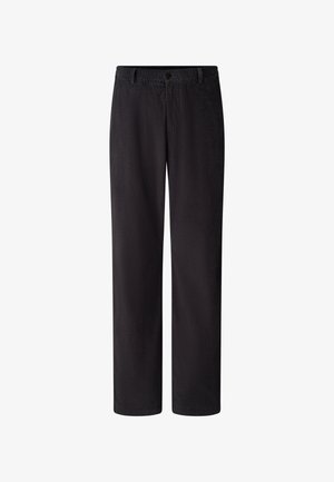 Black pants made of textured fabric, featuring a straight leg cut, button closure, and a flat waistband with an elastic insert.