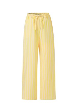 Pantalon ample à rayures verticales jaunes et jaune clair, avec une ceinture élastique et un cordon de serrage à l'avant.