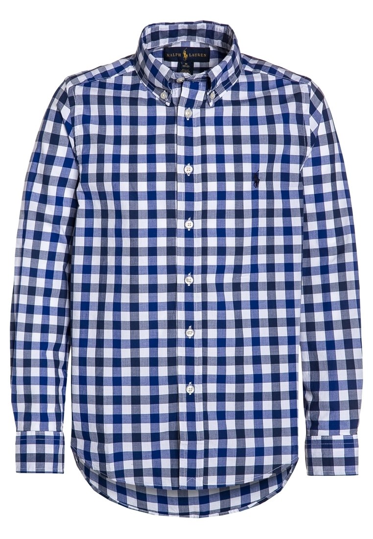 Modrá a bílá kostkovaná košile na knoflíky vyrobená z bavlny. Má špičatý límec a dlouhé rukávy s knoflíkovými manžetami. Na hrudi je logo Polo.