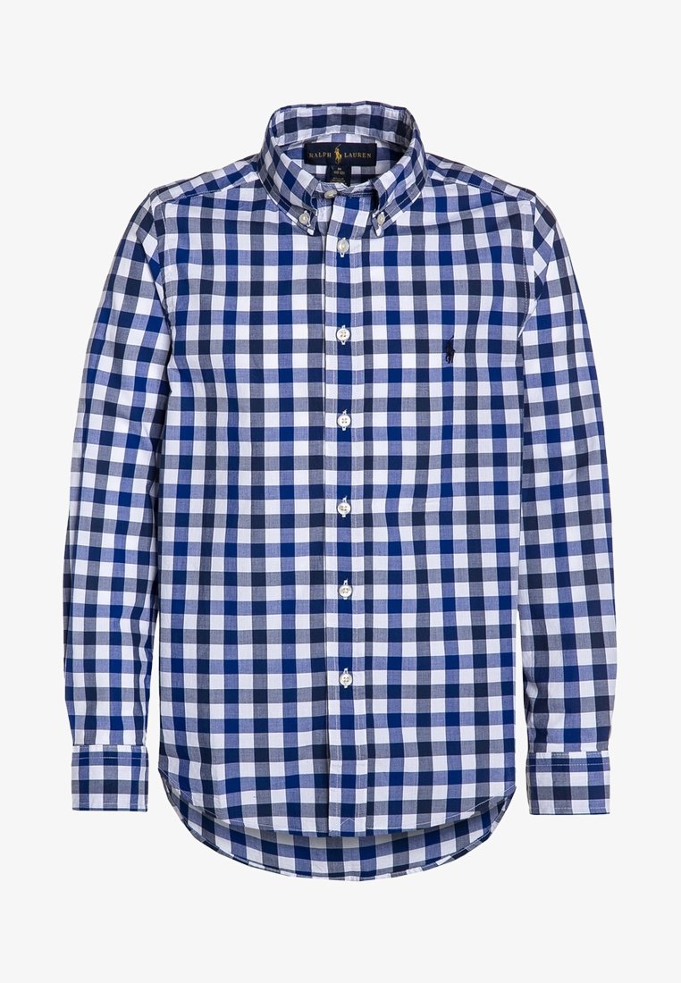 Blå och vit rutiga skjorta med knäppning i bomull. Har en spetsig krage och långärmar med knäppning i ärmsluten. Polo-logotyp på bröstet.