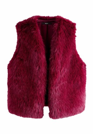 Gilet sans manches en fausse fourrure rouge foncé avec devant ouvert et texture douce et duveteuse, conçu pour la chaleur et le style.