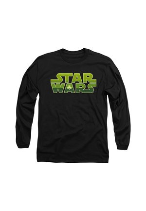 Schwarzes Langarmshirt mit grünem "STAR WARS"-Logo, das ein kleines vierblättriges Kleeblatt im Buchstaben A auf der Vorderseite zeigt.