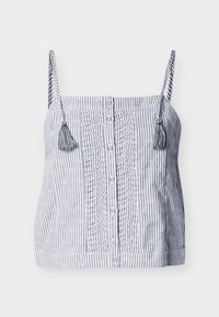 Blauw-wit gestreepte mouwloze top met verticale strepen, knoopsluiting aan de voorkant, gerimpeld middenpaneel en kwastjes aan dunne schouderbandjes.